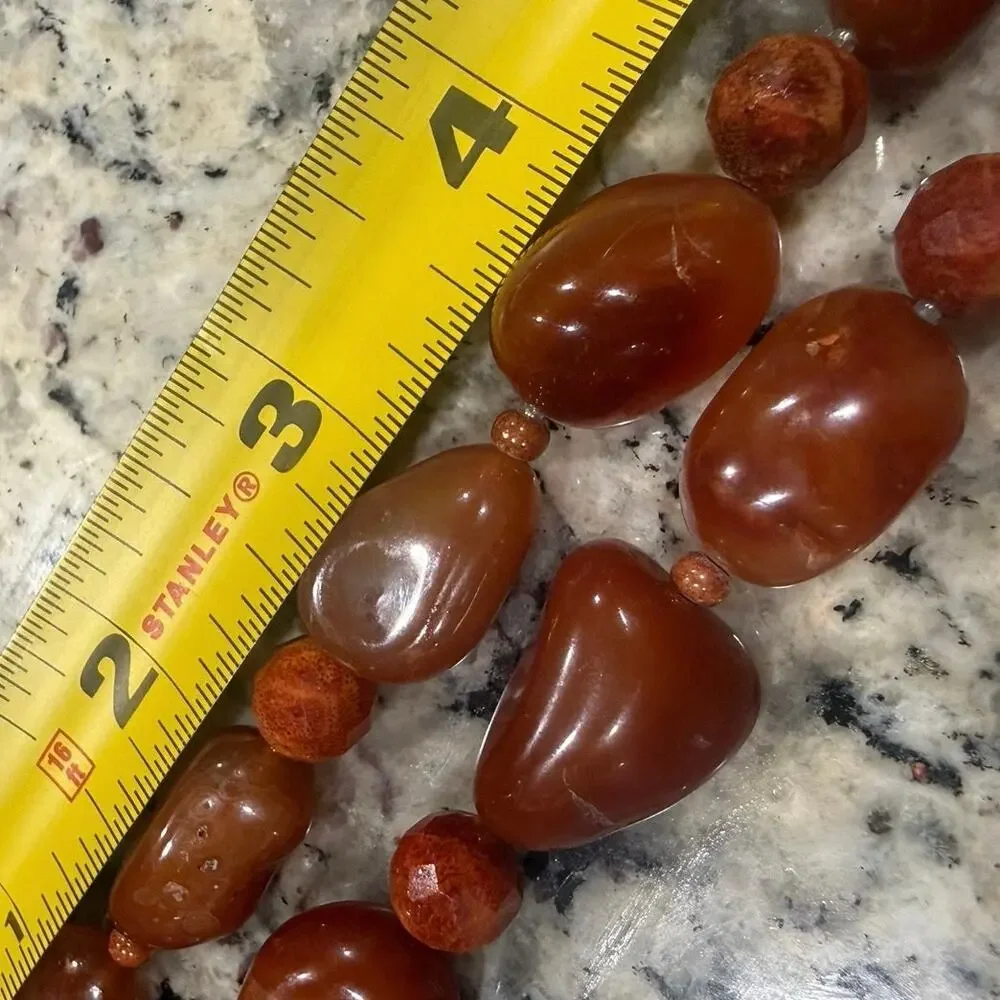 Vintage Korea Carnelian Rose Pendant Necklace Hand Carved Statement Floral 111g